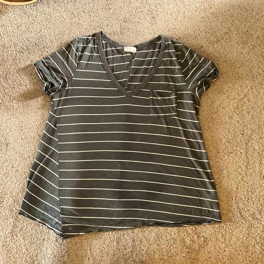 Anthro T.la Stripped Cuffed Sleeve V Neck Pocket Tee